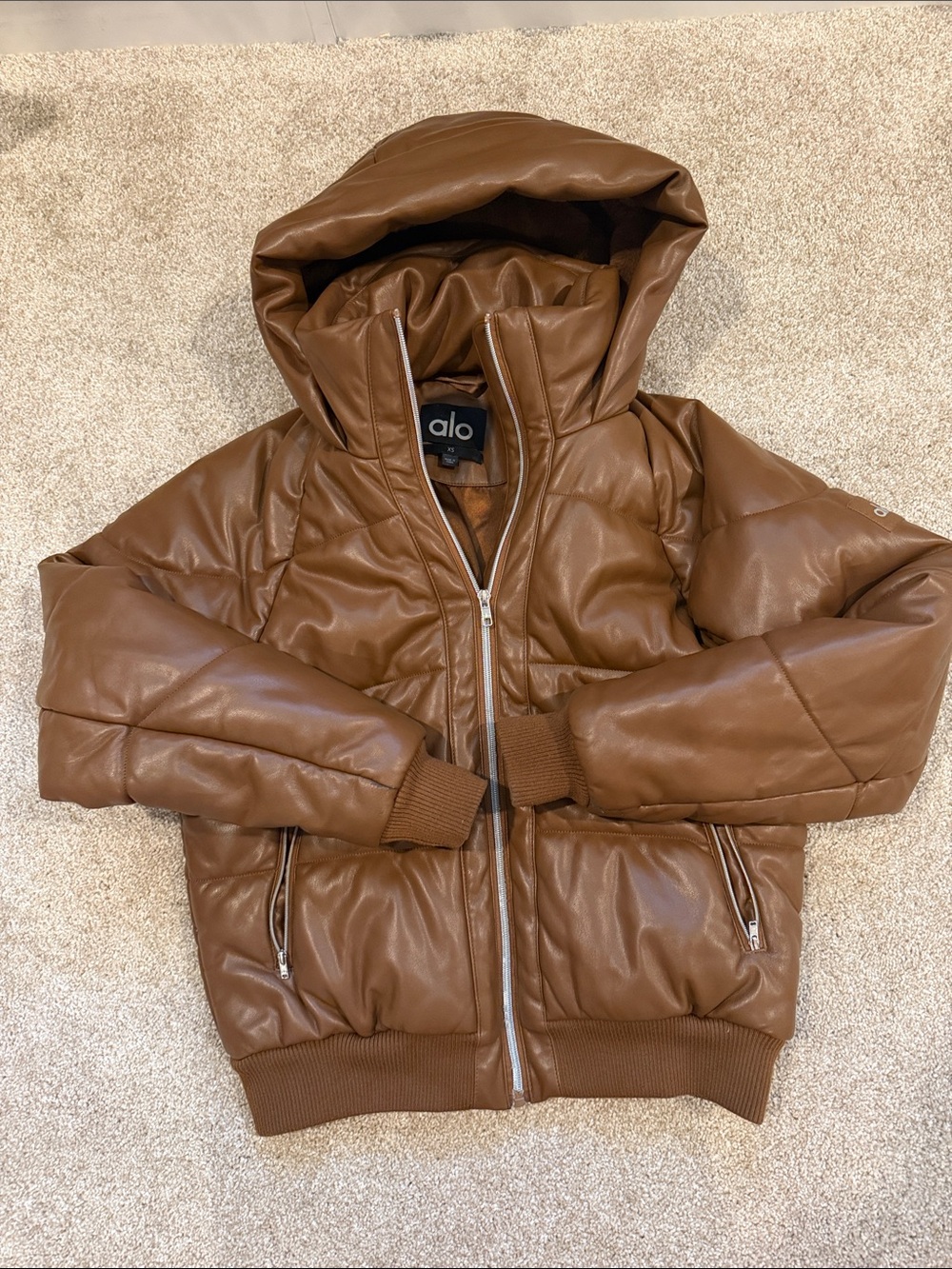 ALO Yoga Boss Faux Leather Brown Hooded Puffer Jacket XS